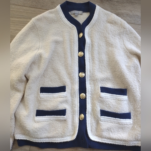 SUPER CLEAN J Crew Boucle Lady Jacket Cardigan Cream Navy Blue Size Large - Picture 5 of 9